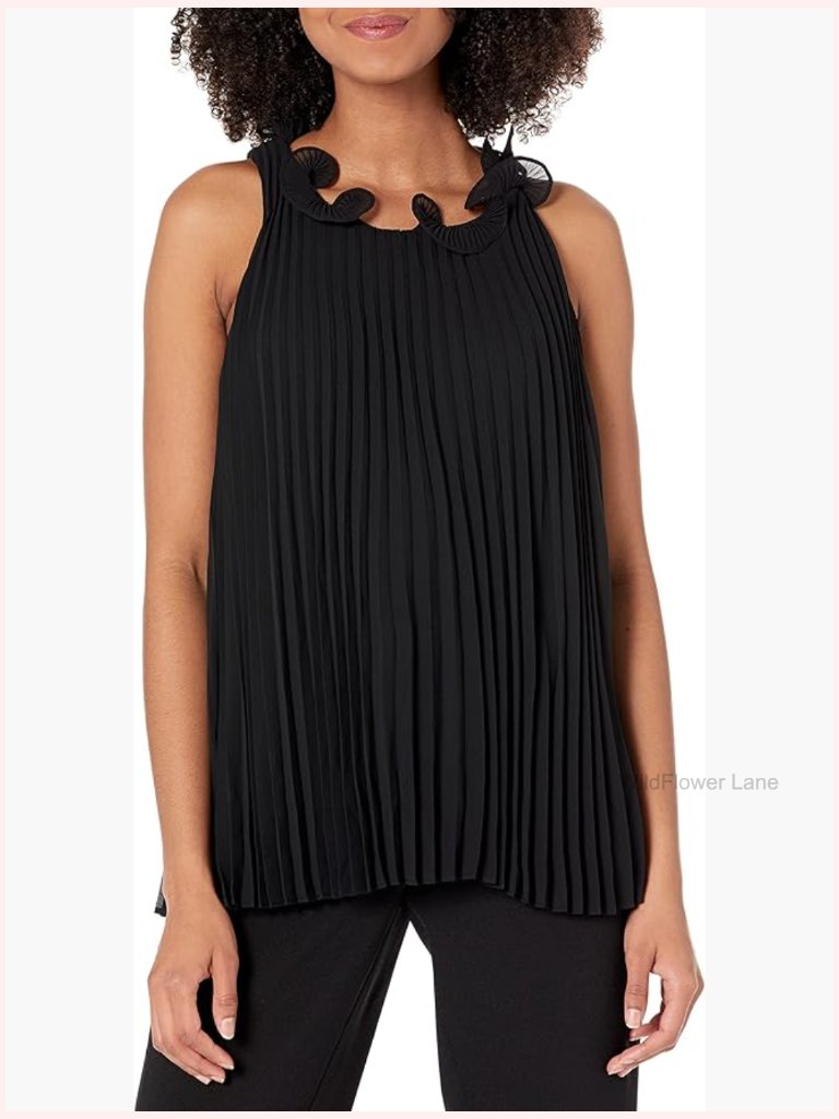 Pleated Blouse With Coiled Neckline - Sleeveless Pull On Top - Holiday Vacation